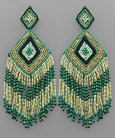 Emerald Beaded Dangle Drop Tassel Earrings