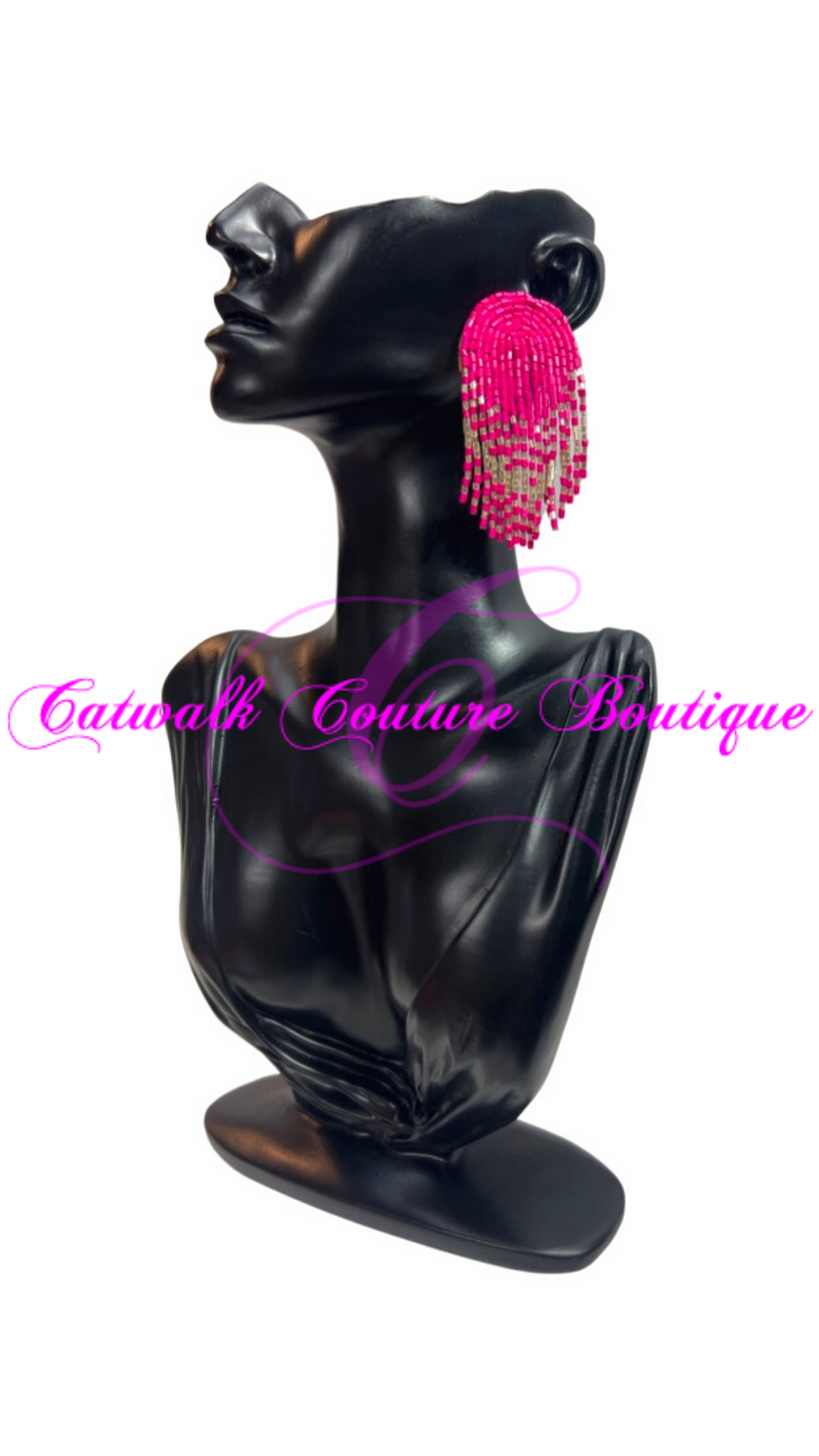 FUCHSIA BEADED ARCH TASSEL DANGLE EARRINGS