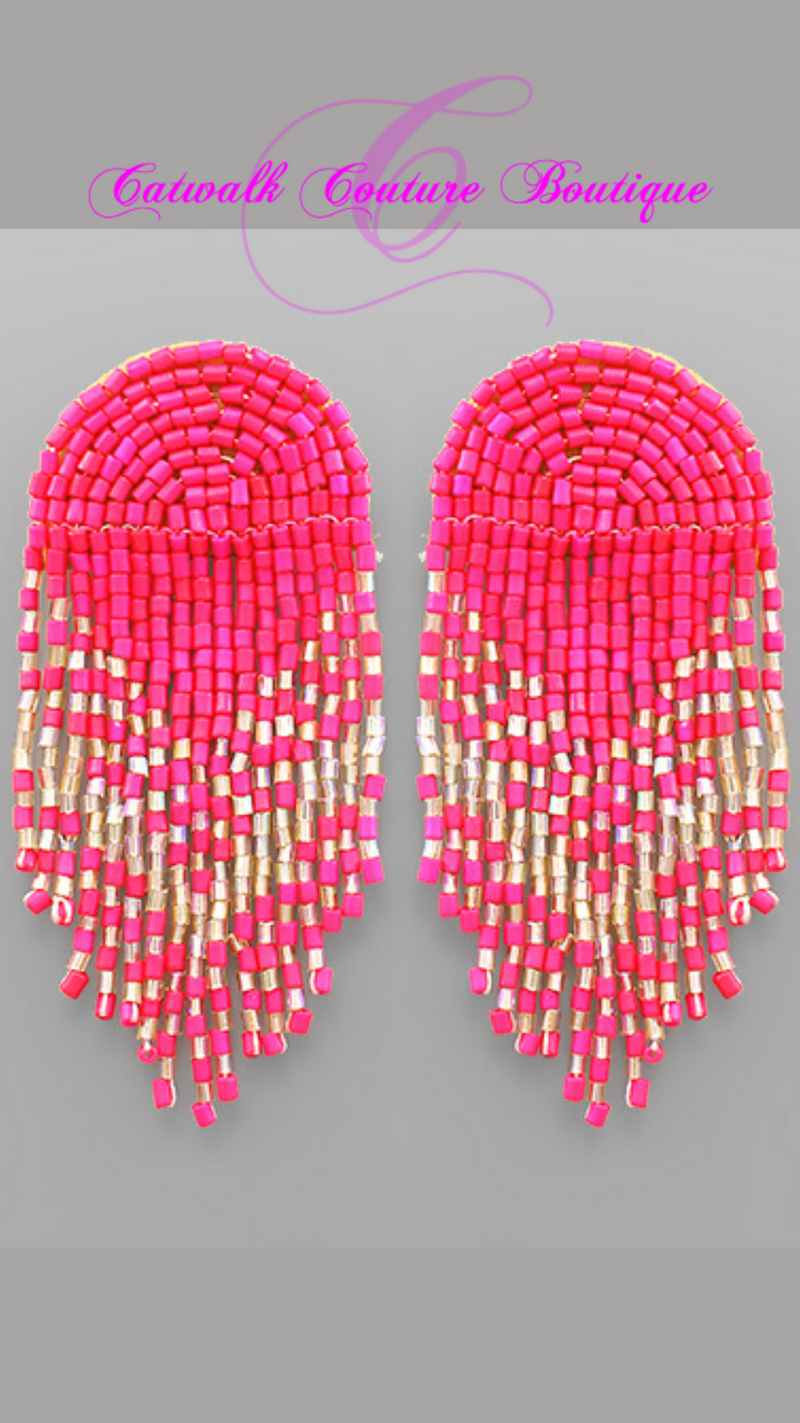 FUCHSIA BEADED ARCH TASSEL DANGLE EARRINGS