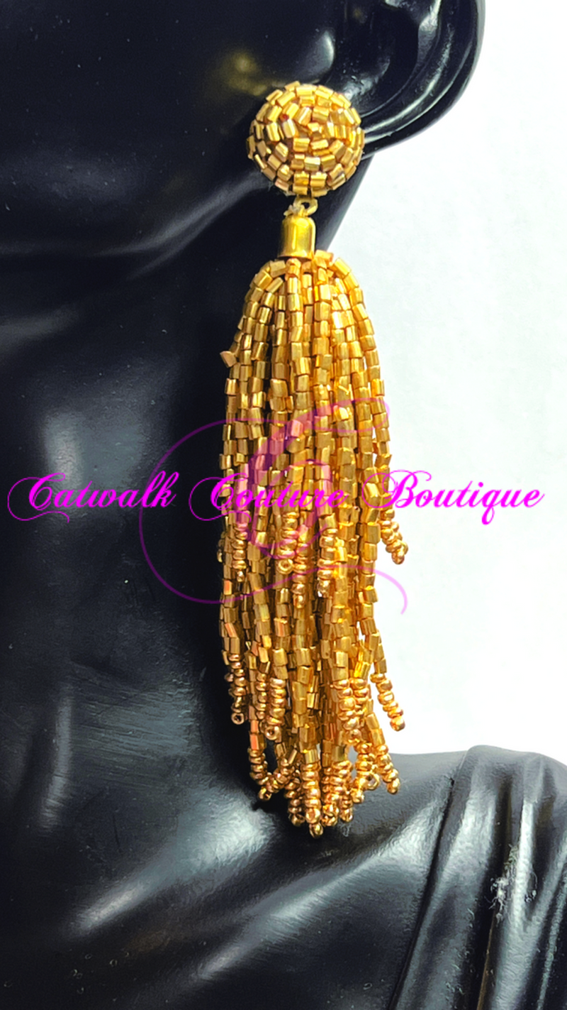 GOLD BEADED DANGLE TASSEL EARRINGS