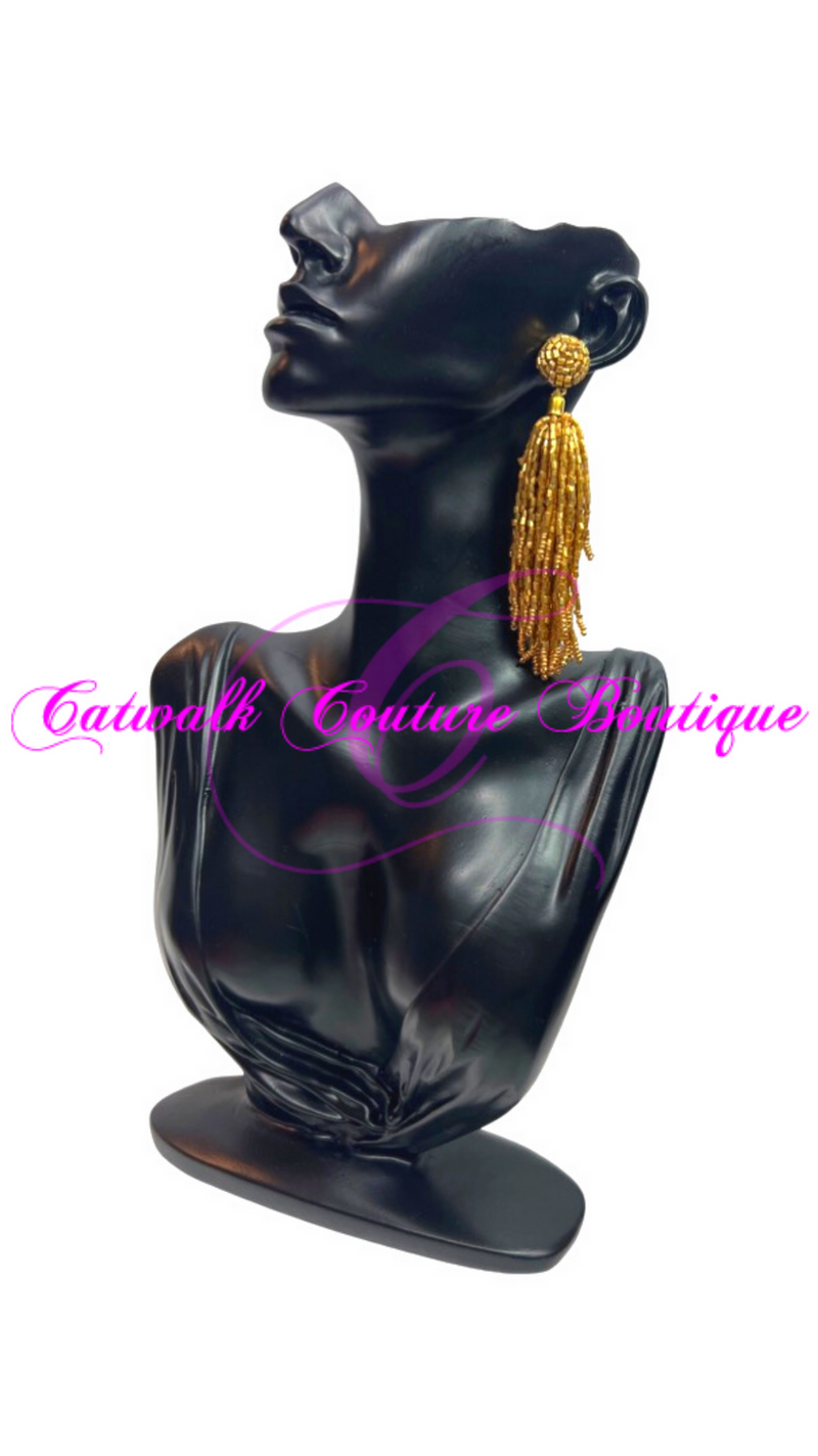 GOLD BEADED DANGLE TASSEL EARRINGS