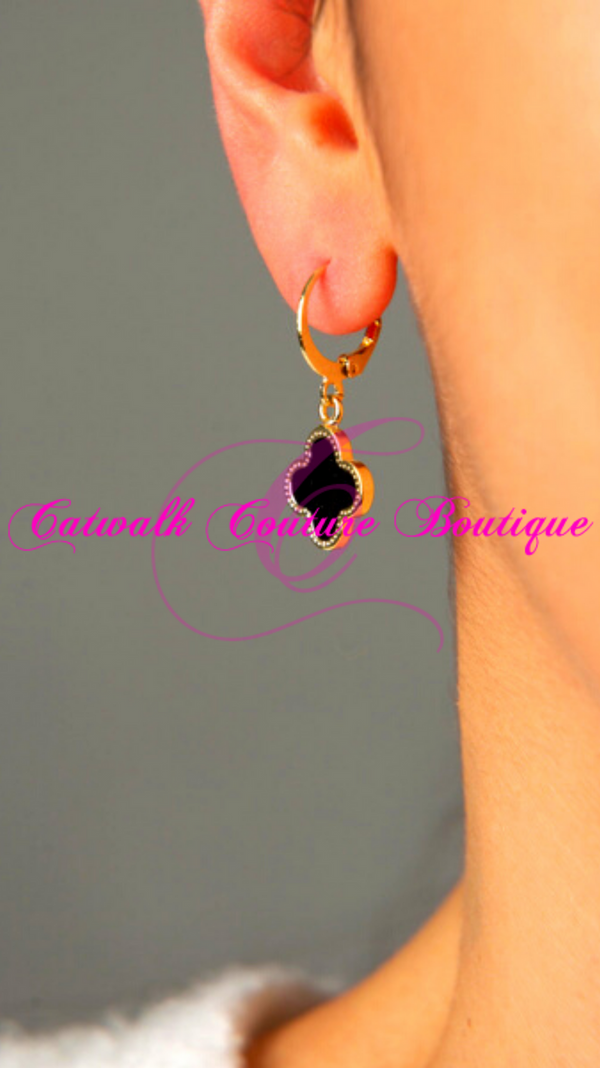 INSPIRED VAN CLEF BLACK CLOVER DANGLE/DROP HUGGIE EARRINGS