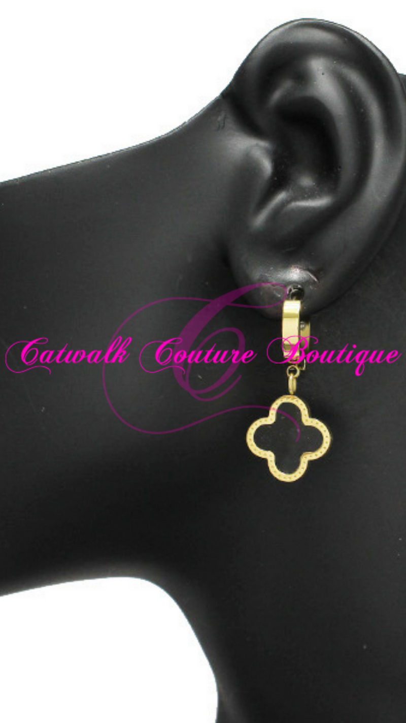 INSPIRED VAN CLEF BLACK CLOVER DANGLE/DROP HUGGIE EARRINGS