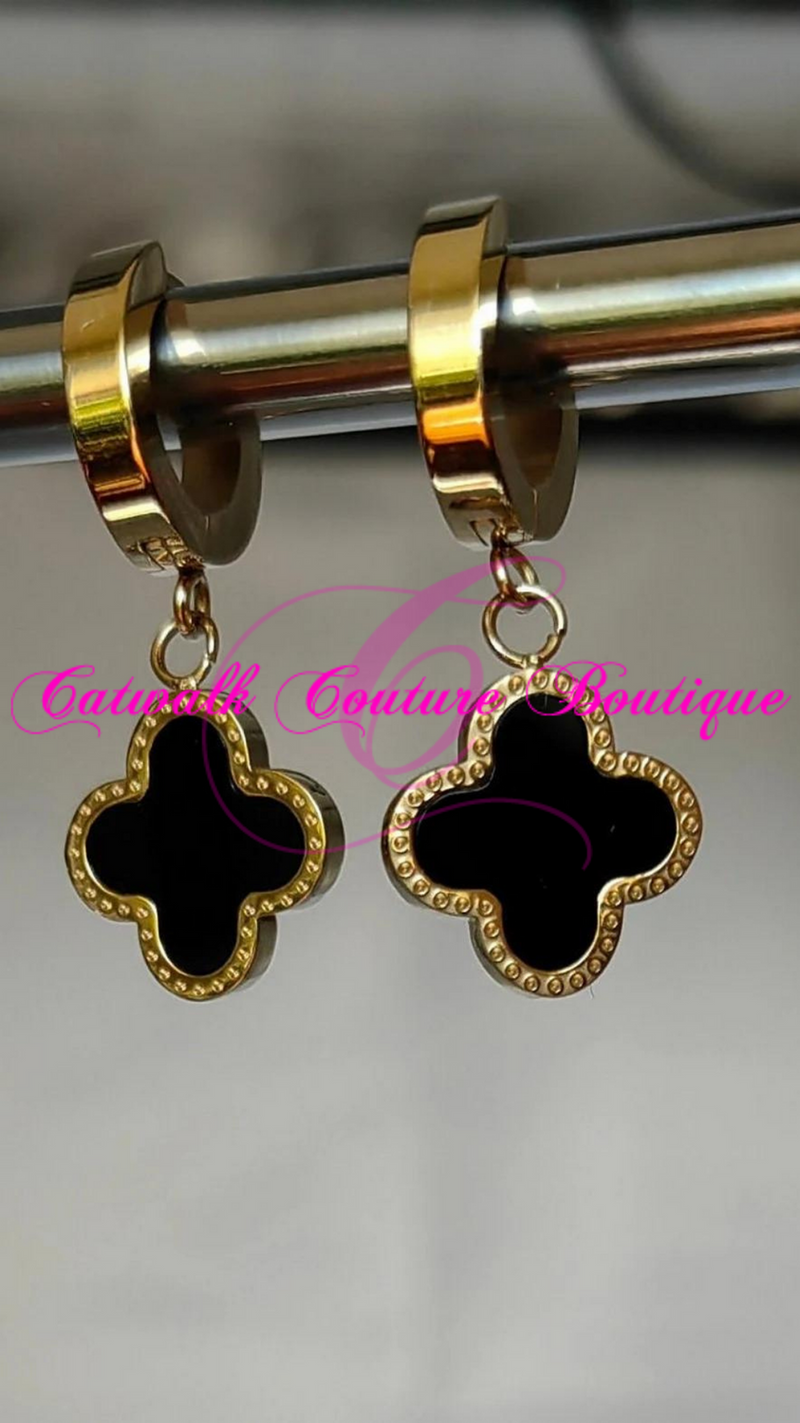 INSPIRED VAN CLEF BLACK CLOVER DANGLE/DROP HUGGIE EARRINGS